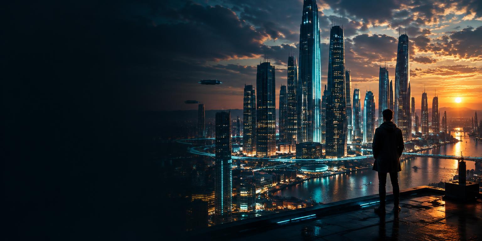A cinematic futuristic city at sunset